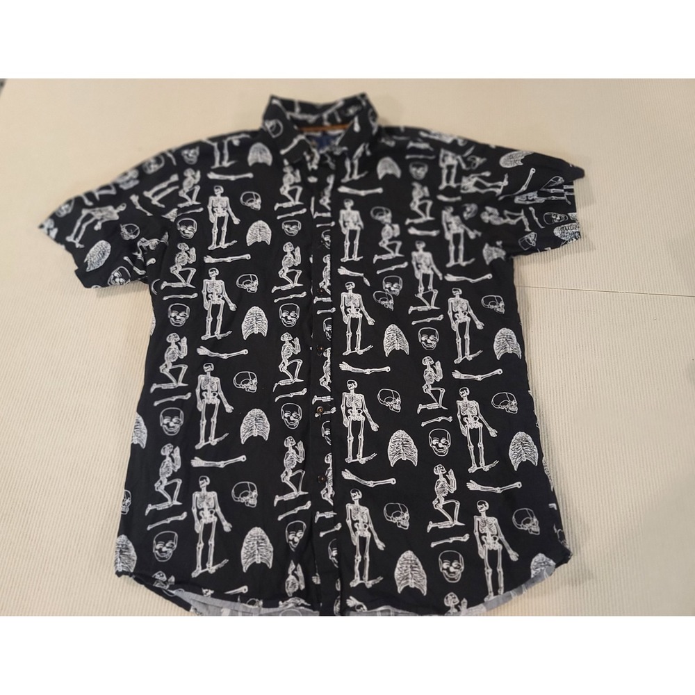 Rugby University button up shirt black Riley Blake designs skeltons Bones XL